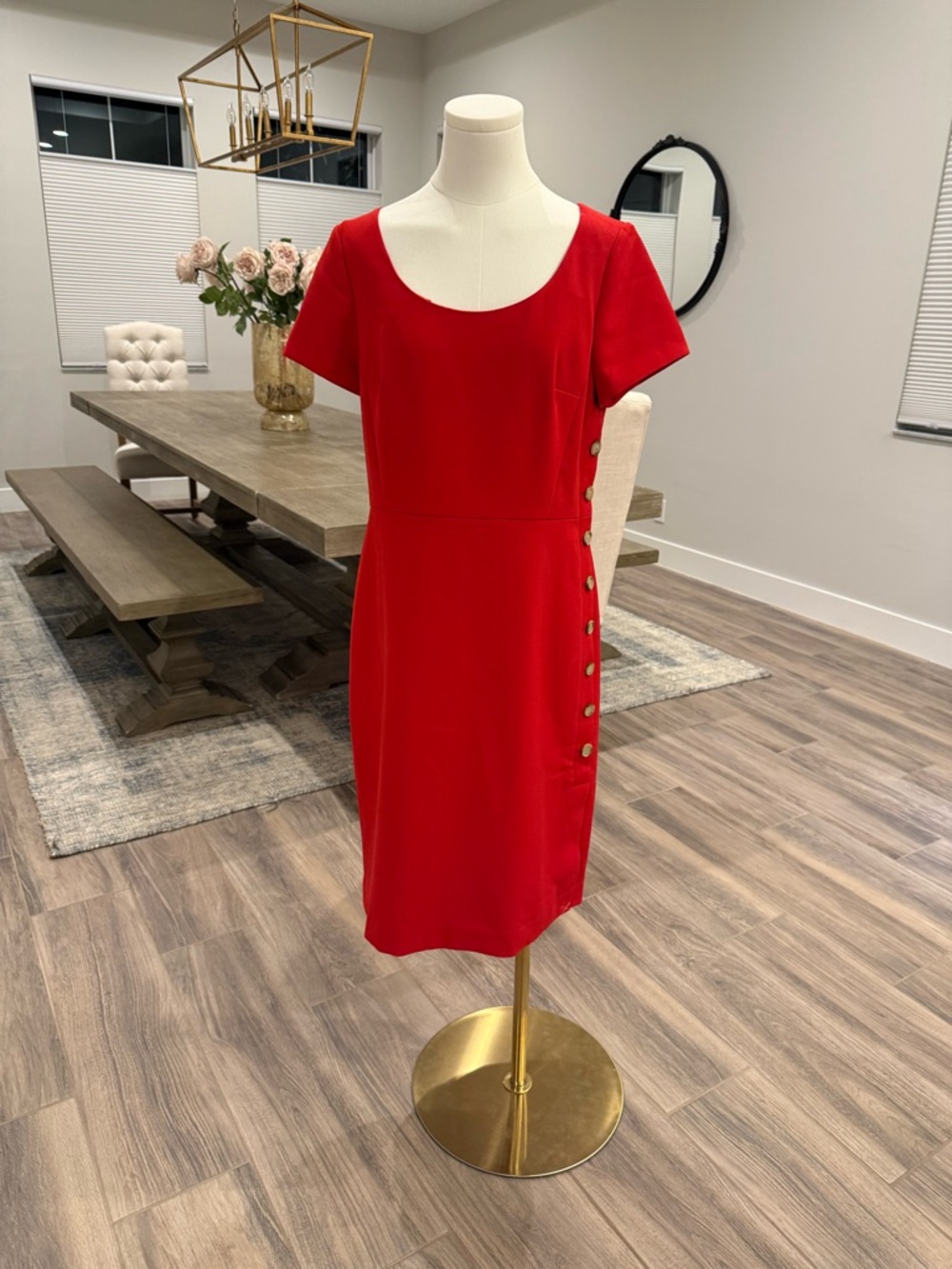 NWT! Ann Taylor Perfect Red Midi Dress with Side Tortoise-Tone Buttons.